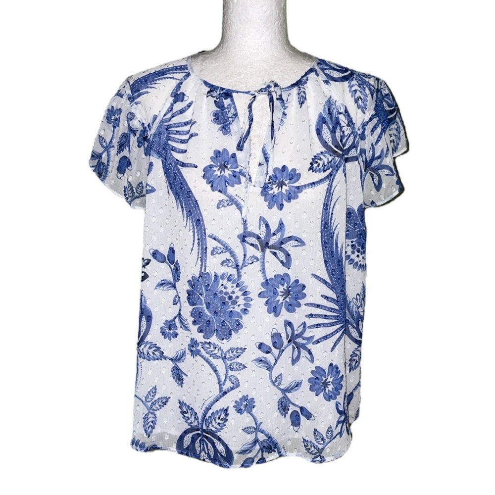 LN Joie White & Blue Floral Bird Print Tie Neck Swiss Dot Blouse - L